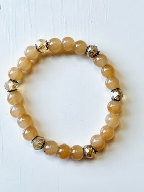 Beige Stone & Faceted Accent Stretch Bracelet